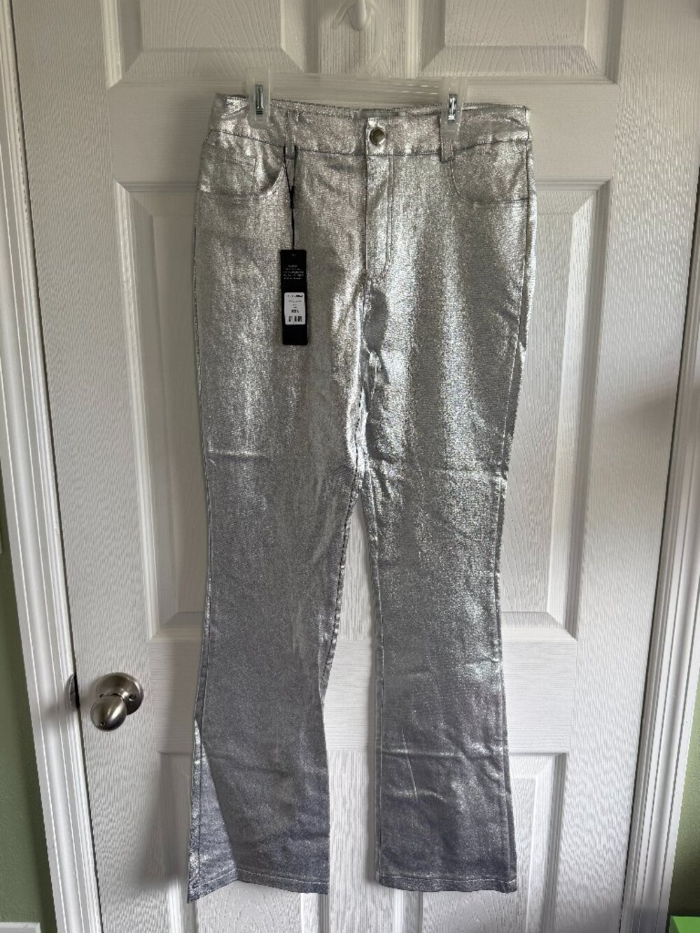 NWT Fashion Nova Behind the Flash Metallic Flare Pants Size L